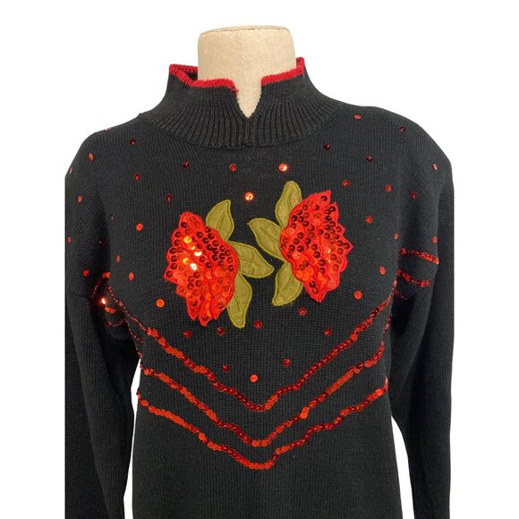 Vintage Images By Duet Black Sweater With Red Floral Sequin Embellishments M - Picture 6 of 12